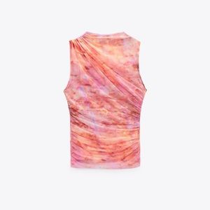 Zara Colorful Printed Sleeveless High Collar Ruching Detail Tulle Top, XS